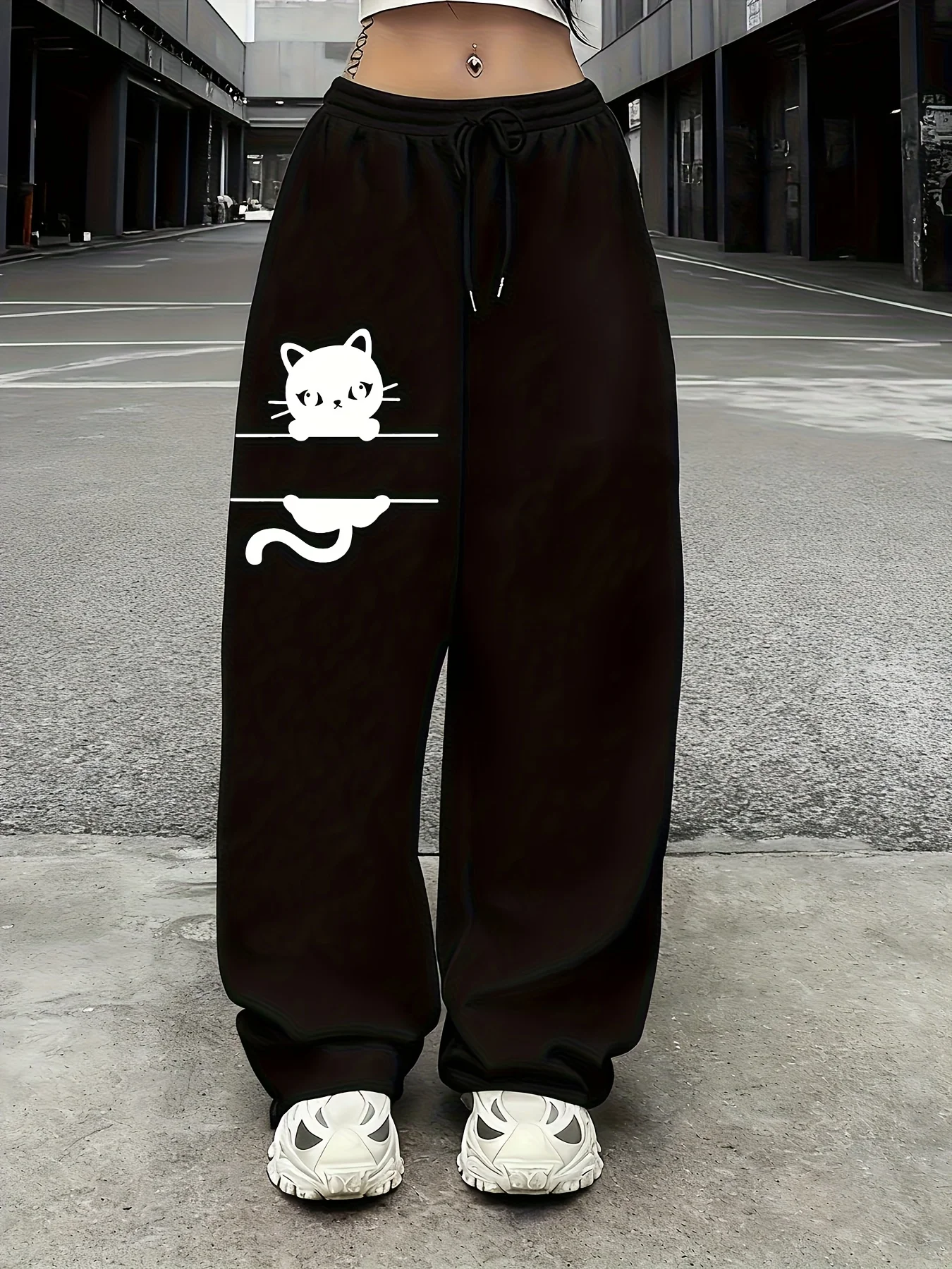 

Женские осенние и зимние свободные прямые флисовые спортивные штаны больших размеров с милым кошачьим принтом, уличная одежда с эластичным поясом, универсальная