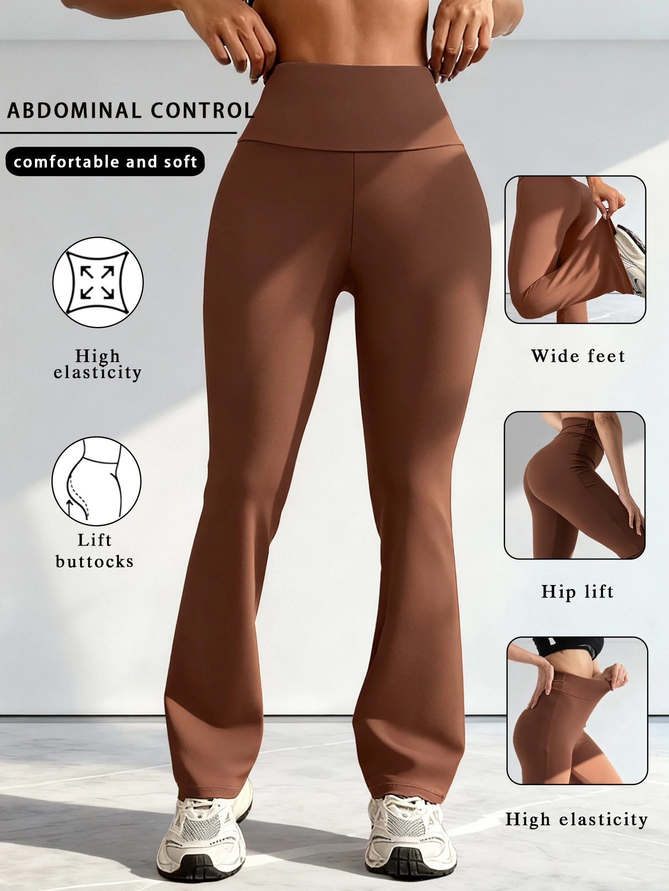 Women's Brown Spring 2026 High Waisted  Abdominal Control Comfortable Soft Wide Feet Slimming Casual Daily Trendy Women Bottoms