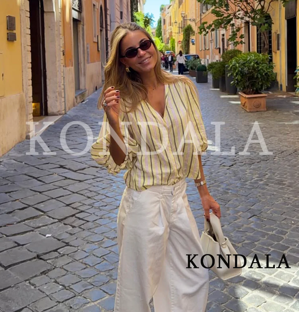 

KONDALA Women Summer Casual Bubble Sleeve Shirt Elegant Leisure V-Neck Buttons Shirts 2026 Trendy Holiday Commute Ladies Shirts