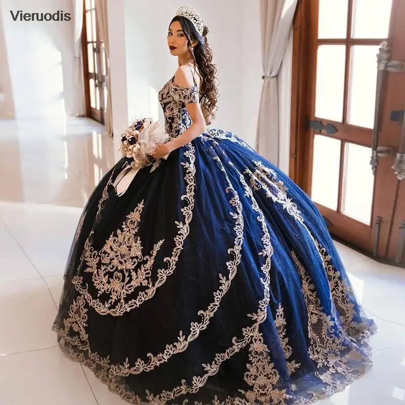 2021 vestidos quinceanera azul marinho vestido de baile com apliques champanhe sexy fora do ombro lindo vestido de festa para menina de 16 anos