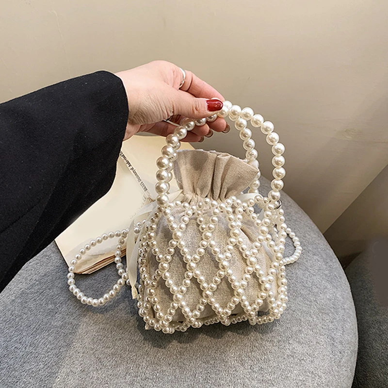 Luxury Pearl Women Bucket Tote Bag Woven Pearl Crossbody Bags for Women Small Wallet Handbag Casual Drawstring Female Coin Purse