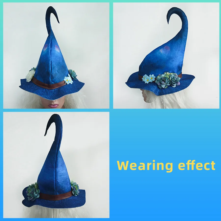 Halloween Witch Hat Cosplay Prop Dress Up Wicked Costume Accessory Soft Rose Flower Blue Flower Decor Halloween Felt Witch Hat