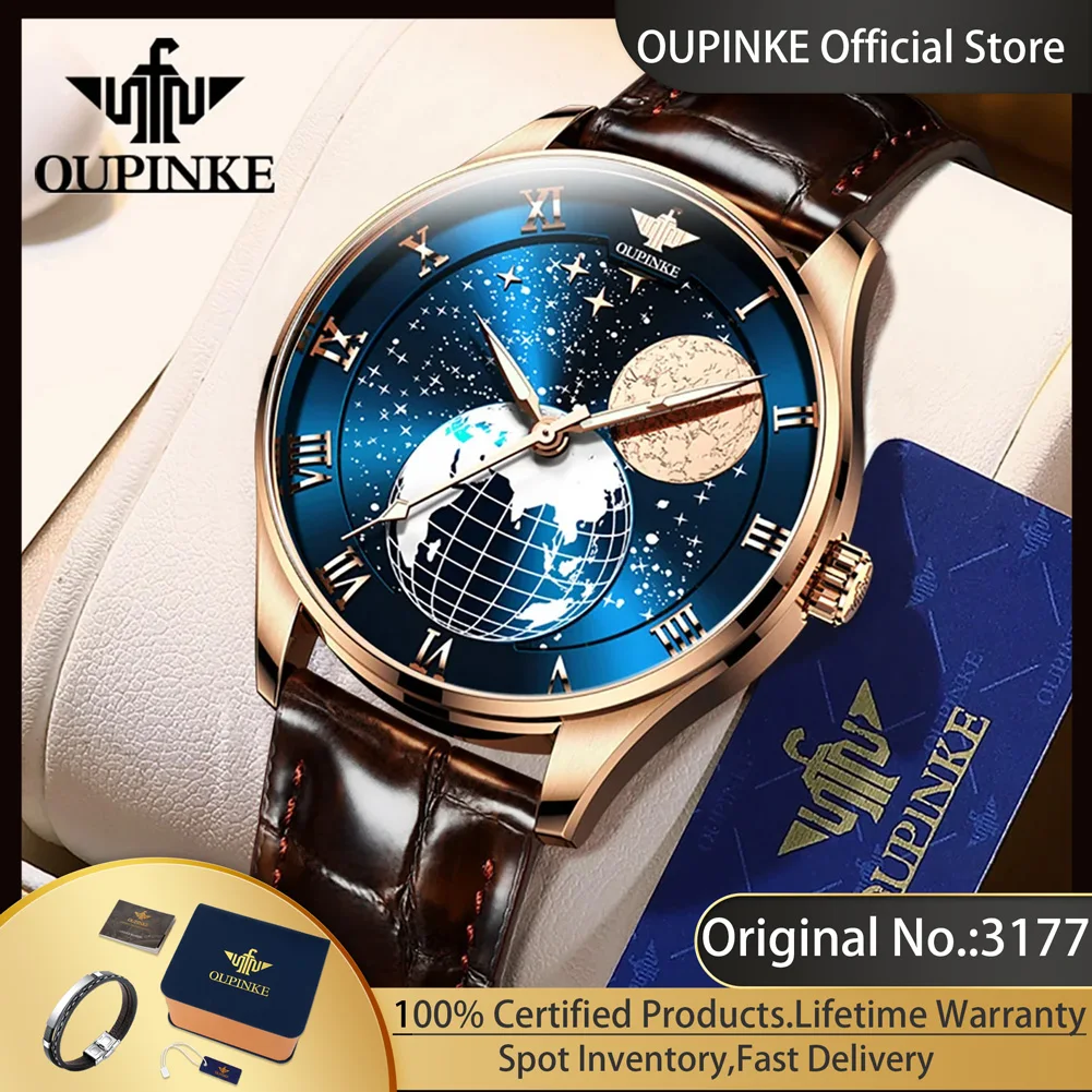 OUPINKE 3177 Japan Automatic Mechanical Watches for Men Fashion Rotation Globe Moon Phase Wristwatches Original Luxury Man Watch