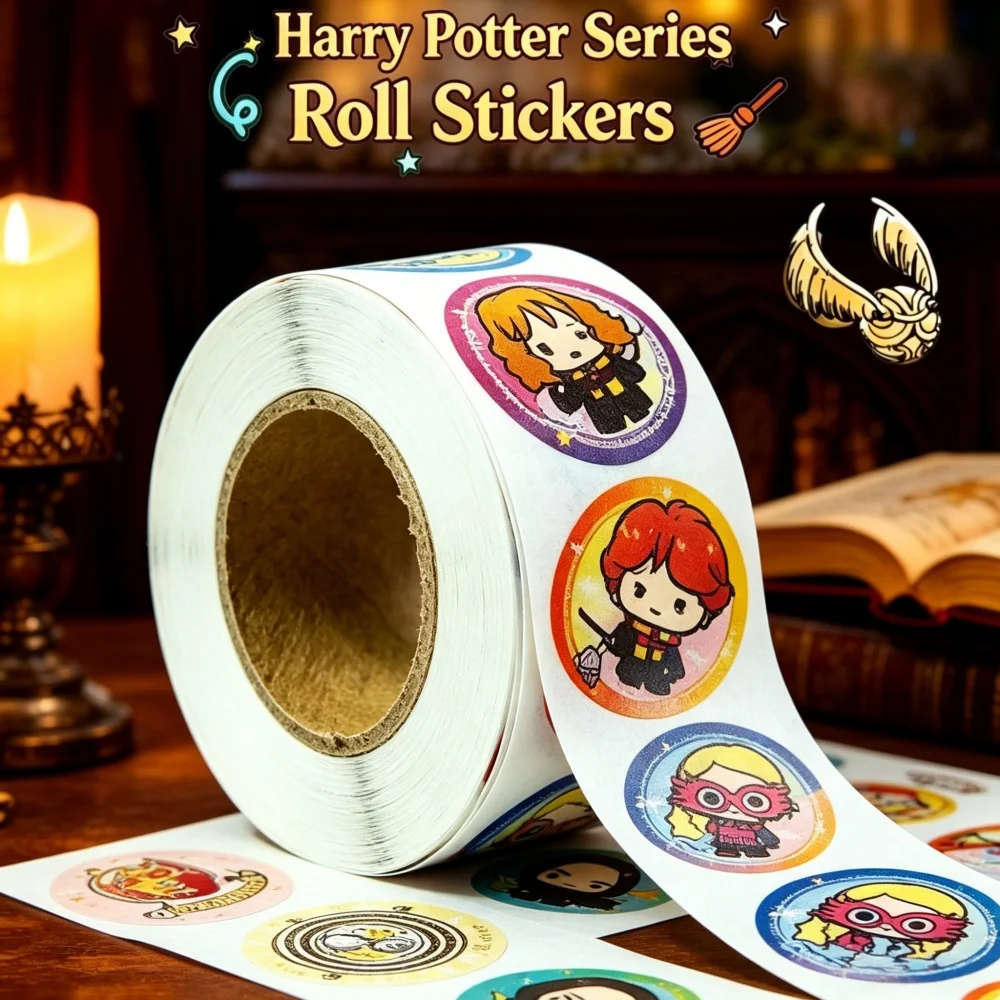 Rollo de Pegatinas Originales de Harry Potter, 8 Diseños, Hogwarts, Hermione, Hedwig, 500 Unidades/Rollo, Pegatinas Autoadhesivas de PP con Caja de Regalo