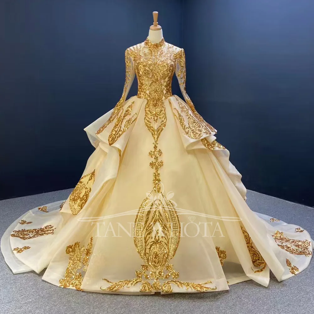 Gold Color High Long Sleeve Prom Dress Sequined Embroidery Customized Evening Gown For Women Long Dress