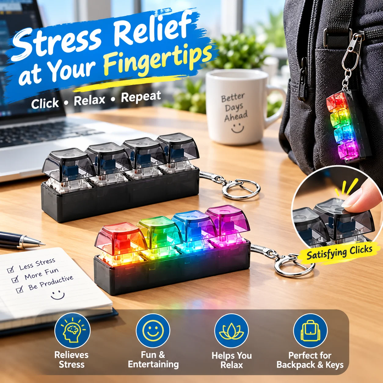 In Stock 1PC Light Up Keyboard Keychain Stress Relief Clickable LED Button Toy for People with Anxiety Office Desk Accessory