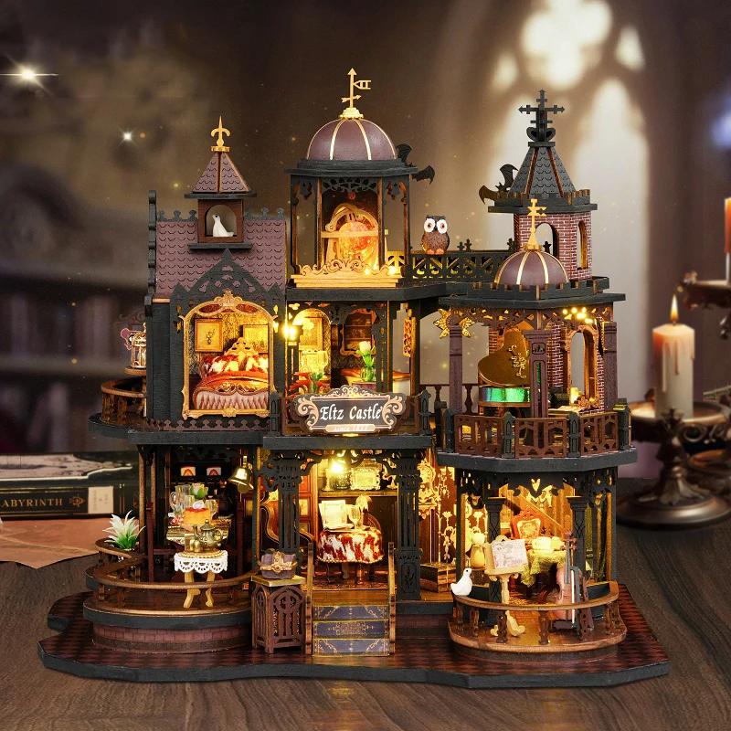 Kit di costruzione in miniatura in legno fai-da-te Castello di Edimburgo Casa Case delle bambole con luci per mobili Case delle bambole per amici Regali di compleanno
