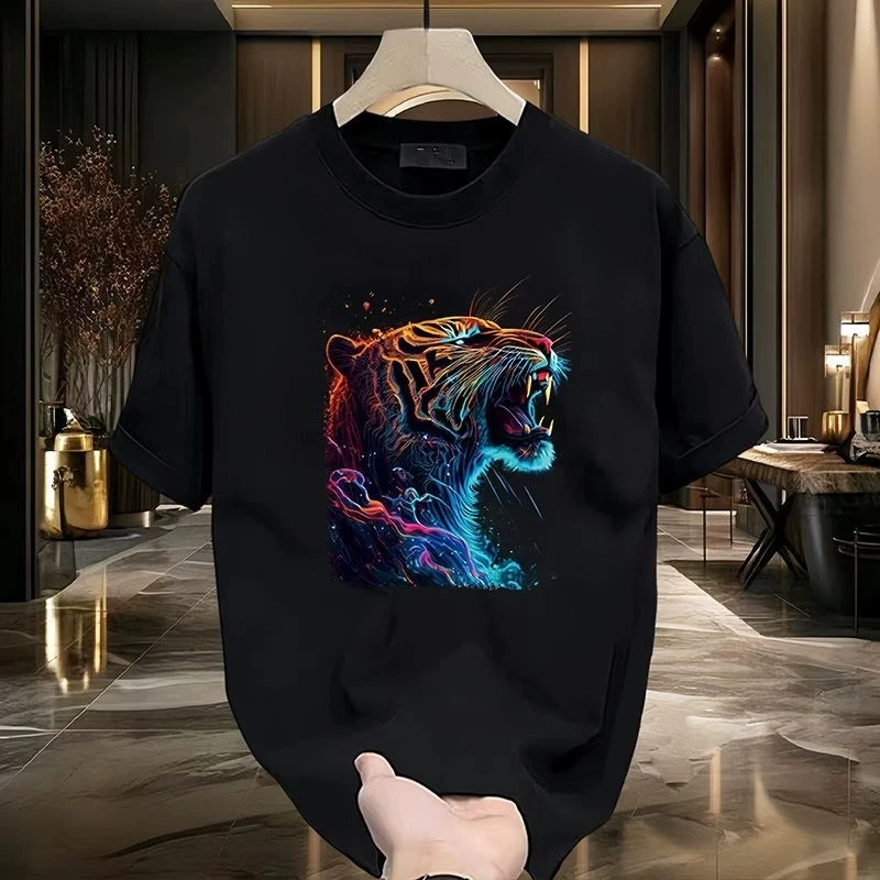 Men's Fitted Cotton T-shirts 5XL Black T Shirt Summer Wear Casual for Men Anime Tiger Print Tee Shirts White Men Clothing