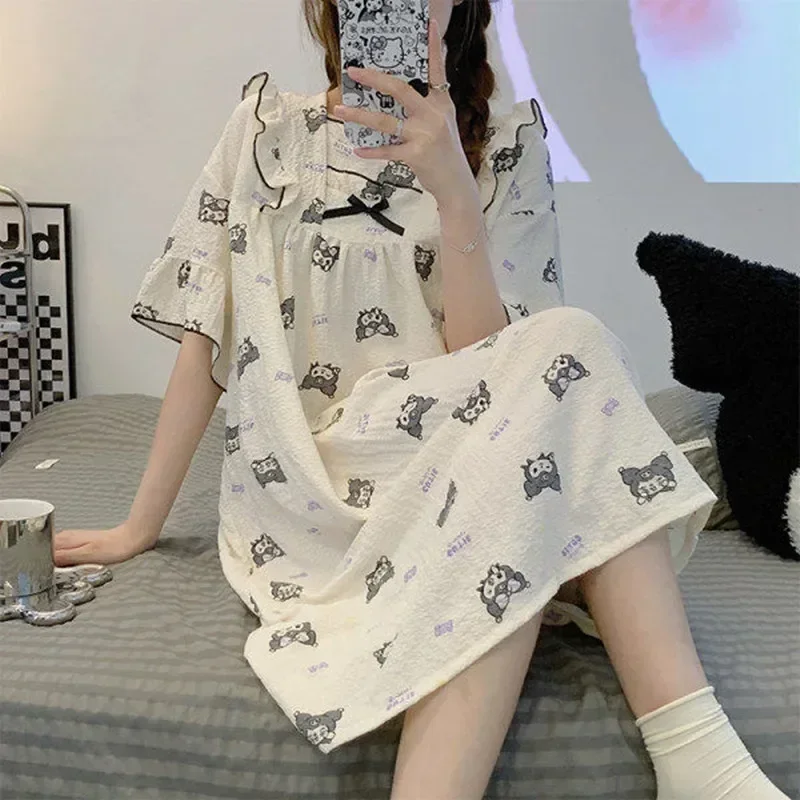 Sanrio hello kitty Nightdress Girls Summer New Ruffle Bow sleepwear Cute Cartoon kuromi Pajamas Womens loungewear robes