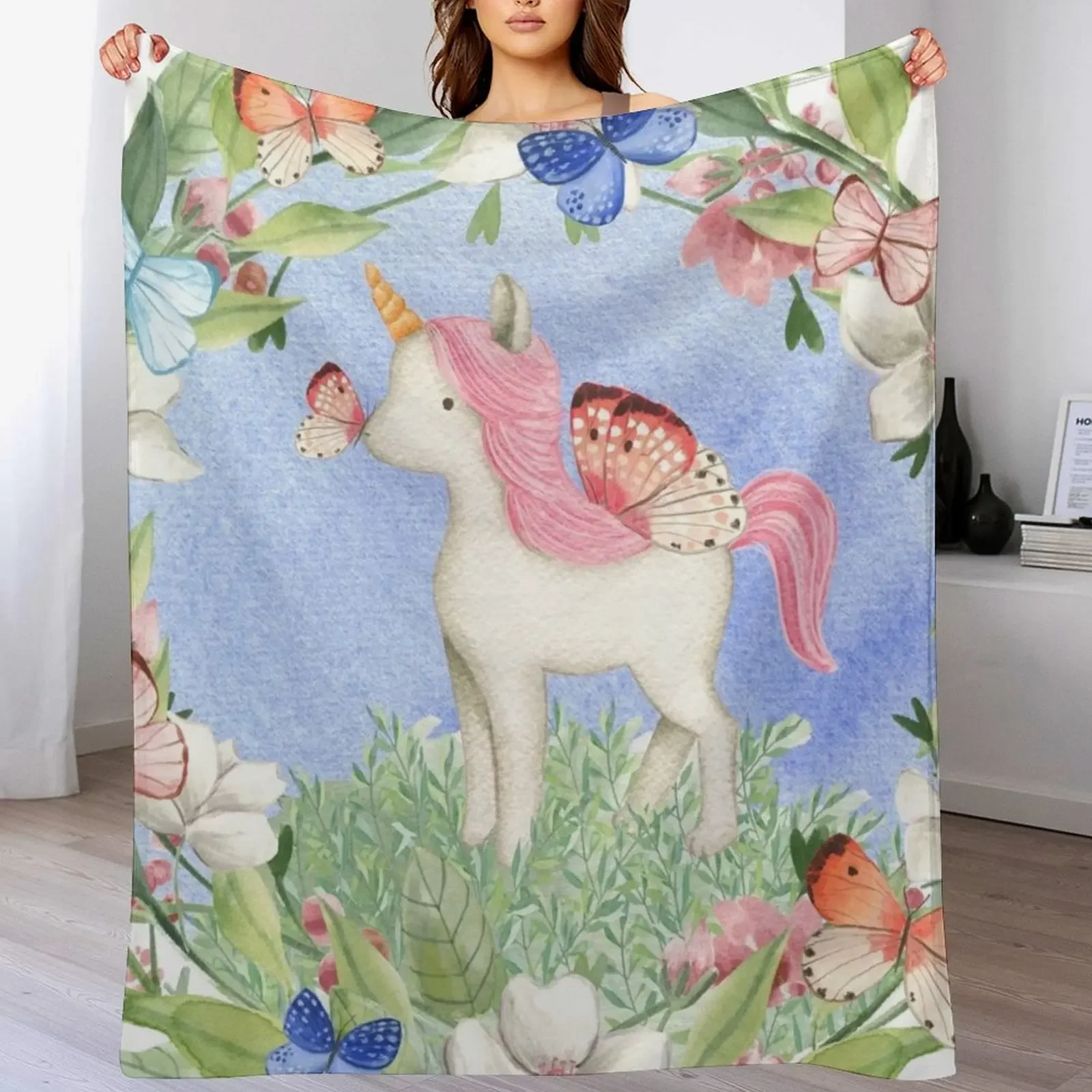 Baci a farfalla: un unicorno fatato acquerello, fiori e farfalle, simpatico unicorno per bambini Coperta da tiro Coperta pelosa per pisolino