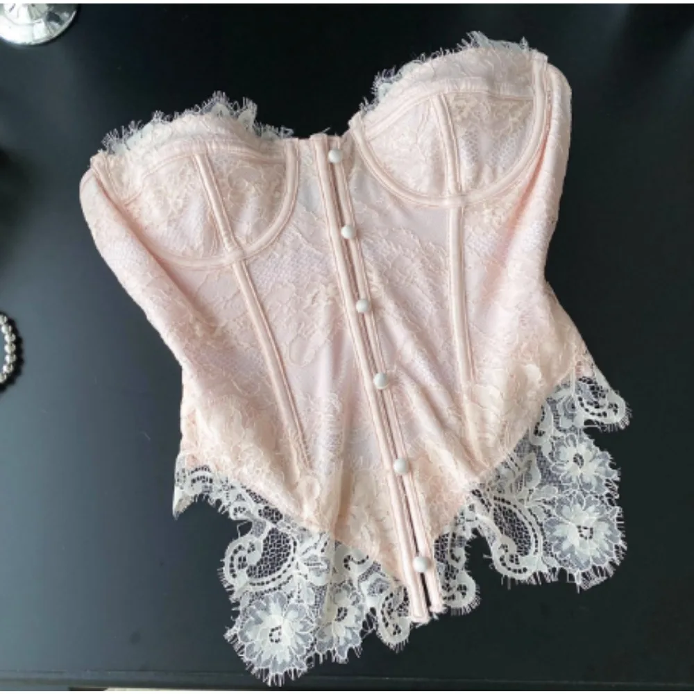 Vintage Mesh Elegant Embroidered Chic Single Breasted Strapless Tank Top Women French Hotsweet Streetwear High Street Clothing