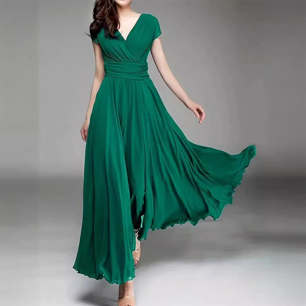 Women Sleeveless V-neck High Waist Ruched Bohemian Chiffon Maxi Long Dress Summer Vacation Holiday Elegant Party Dresses Vestido