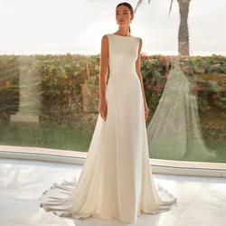 Customized Pure Lvory O-Neck Jersey Wedding Dresses with Open Back Sweep Train Minimalist Pleats Crystal Sleeveless Bridal Gown