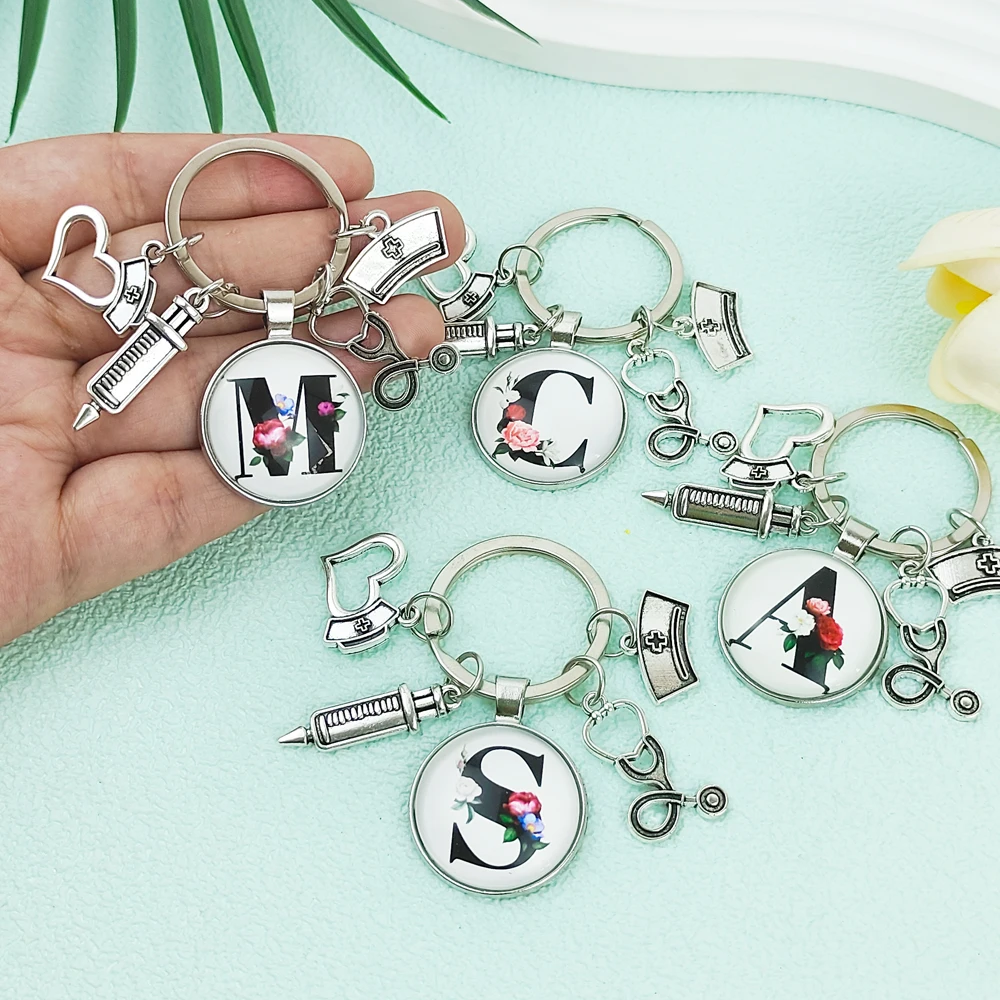 Creative Medical Tool Pendant Keychains Doctor Nurse Syringe Stethoscope Pendant  A-Z Letter Cabochon Charms Bag Trinket Keyring