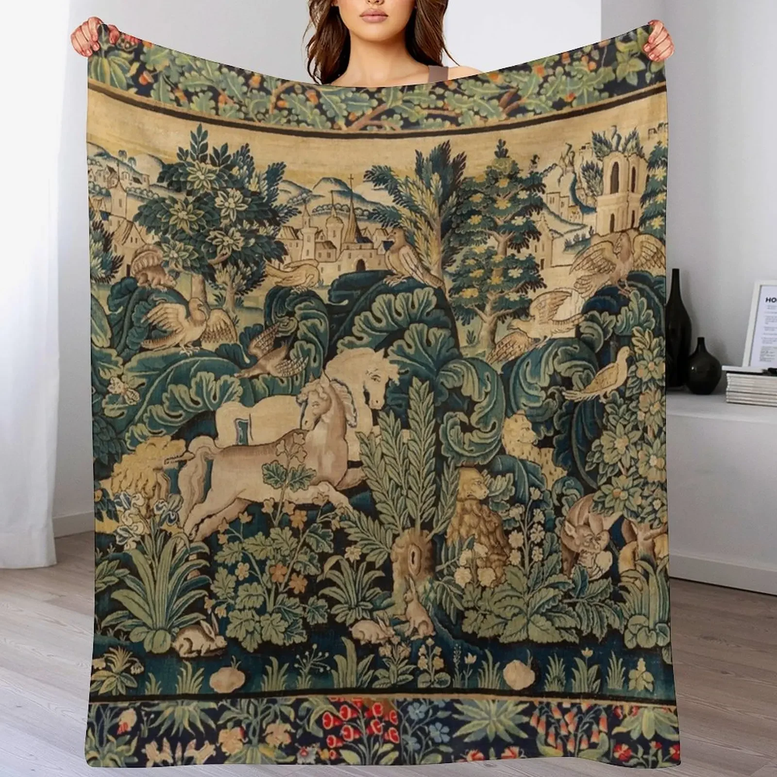 

FANTASTIC ANIMALS AND HORSES IN WOODLAND Blue Green Ivory Antique French Tapestry Throw Blanket Heavy christmas gifts Blankets
