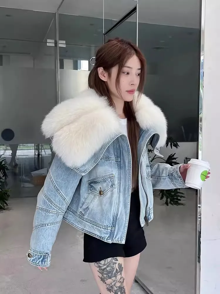 ジャケット・アウター 00s archive short length fur denimjacket Women Fashion Fox Fur Big Turn-Down Collar Zipper Denim Jacket