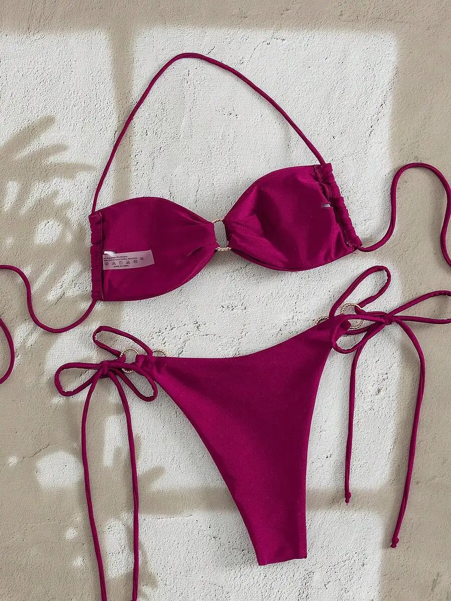 

Stylish Solid Color Halter Tie Bikini Set For Women Summer Beach Swimwear