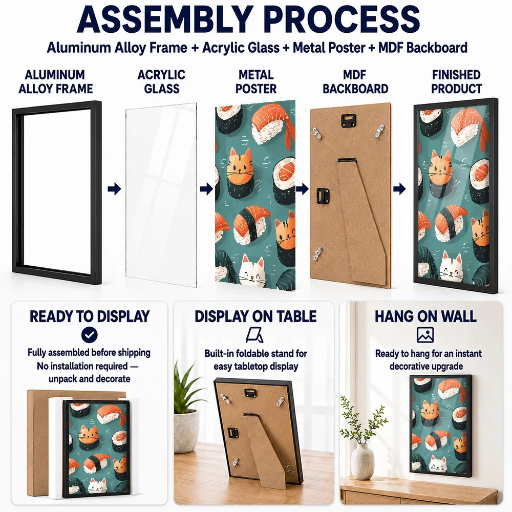 Cute Sushi Cats Metal Poster With Aluminum Alloy Frame Personalized Comic Style Wall Art For Cafe And Kitchen Breakfast Area