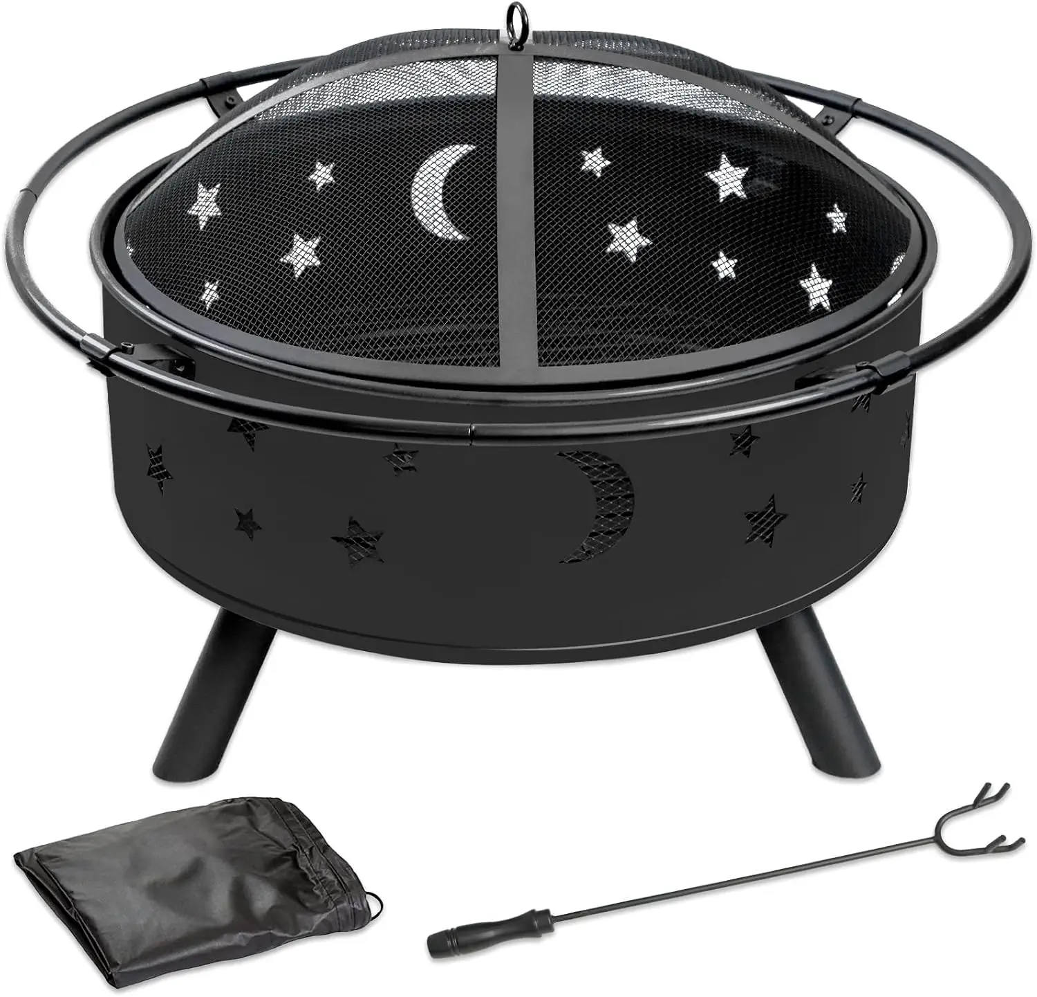 32 Inch Outdoor Fire Pit Table With BBQ Grill Spark Screen Mesh Cover Fire Poker Heavy Duty Metal Round Wood Burning Fireplace For Backyard Patio Camping Party Black 1 Pack