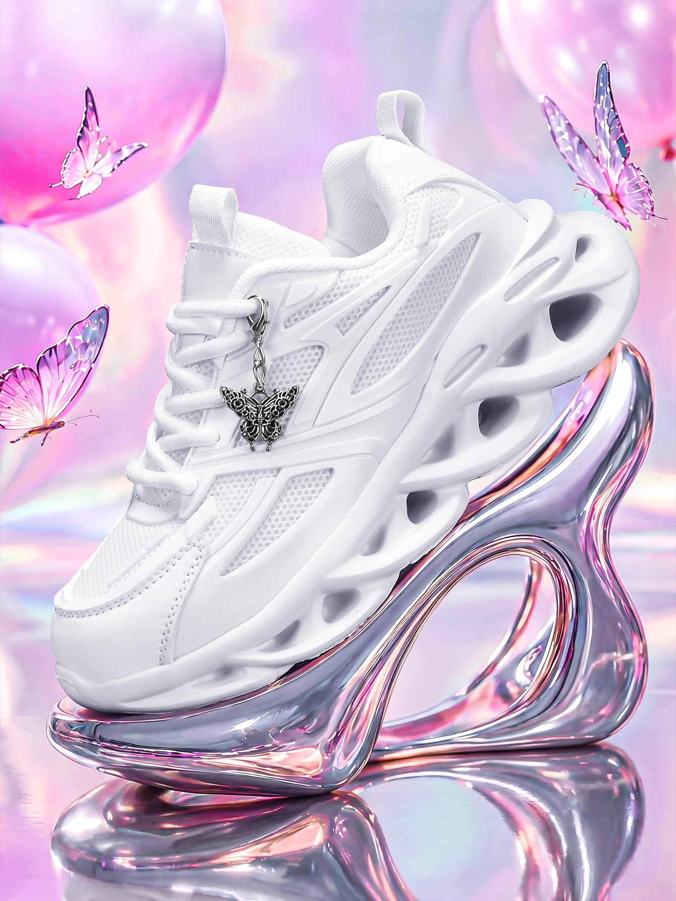 Women's Outdoor All-Season Eva Lightweight Thick-Soled Shoes with a 5cm Height Increase, White Vulcanized Shoes, Paired with a Detachable Silver Butterfly Chain Accessory