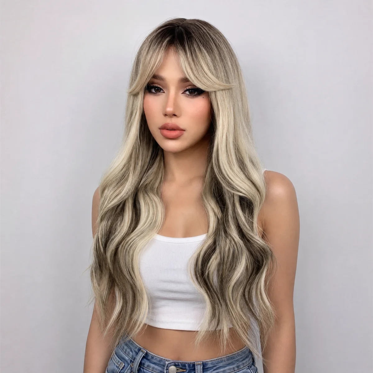 REEWES Ombre Blonde Long Black Wavy Synthetic Wig With Bang Daily Wear Anime Cosplay