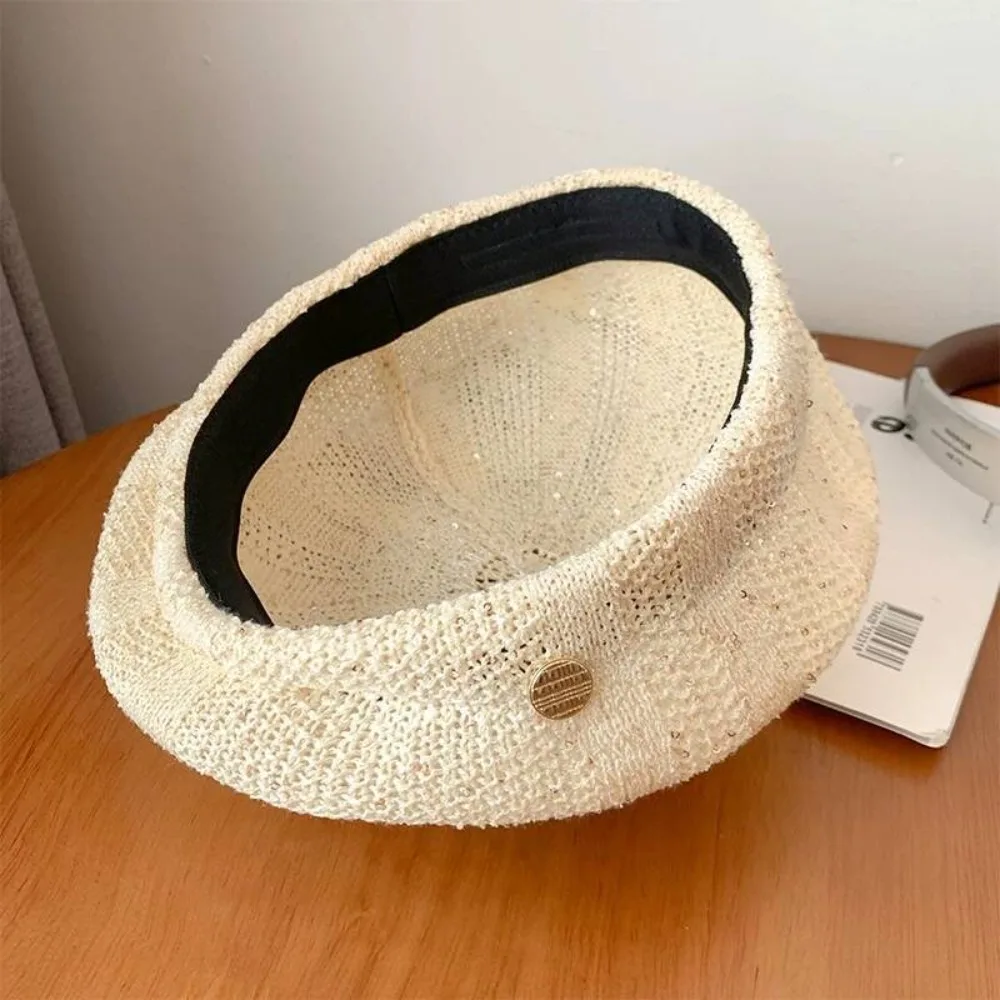 

Elegant Breathable Sequin Beret Hat Hollowed Out Paillette Weave Hat Fashionable Japanese Style Crochet Knitted Cap Women