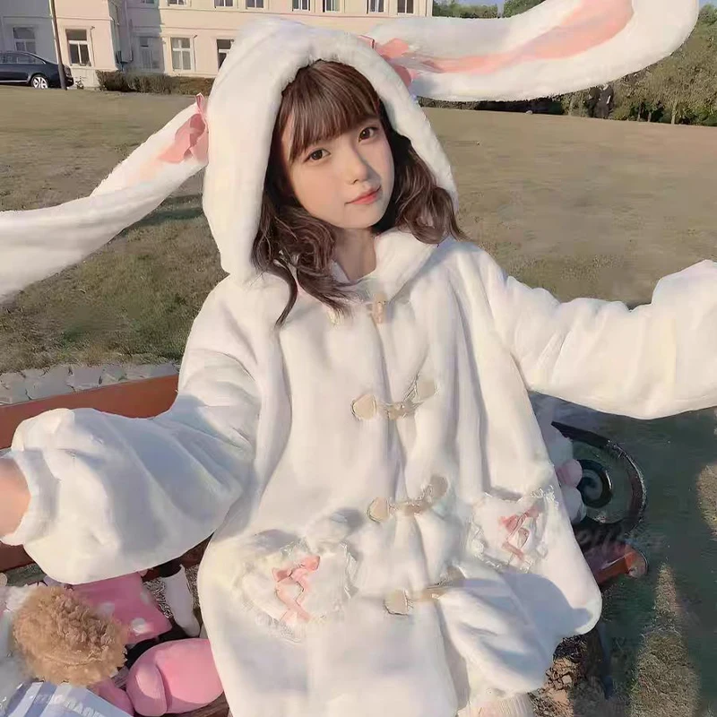 Kawaii Winter Clothes Cute Coats Women Rabbit Cosplay Costume Ears Hooded Lamb Wool Lolita Outwear Y2K Thicked Cartoon Jackets