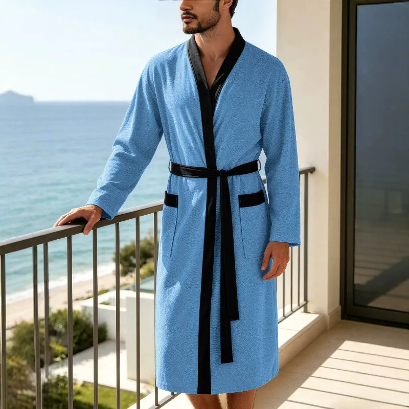 Terry Bathrobe Double Pocket Lace-up Men Nightgown Casual Warm Homewear Dressing Gown