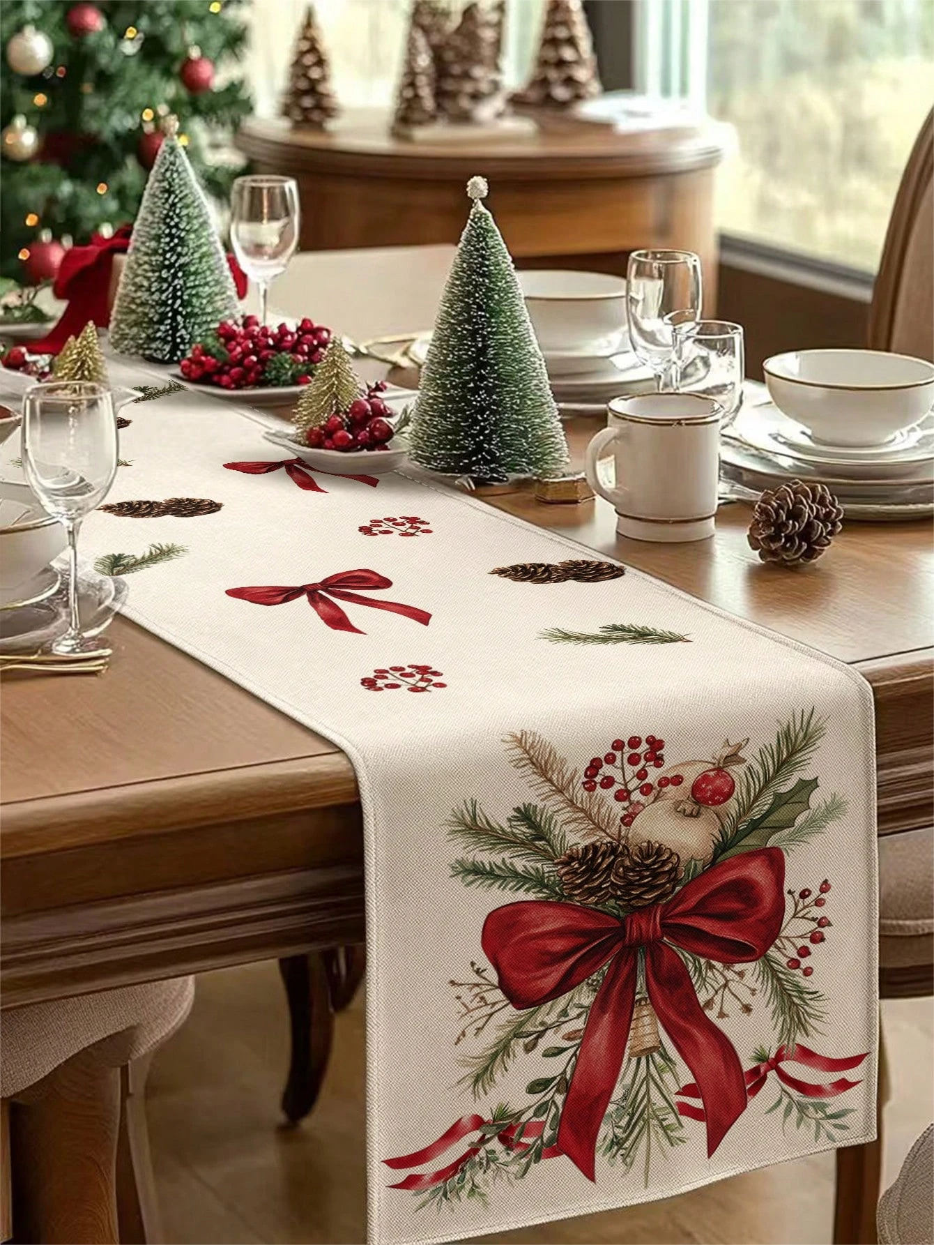 Tischläufer mit Weihnachtsmotiv und Schleife, Tannenzapfen, Stechpalmen-Beeren-Druck für festliche Esstisch-Dekoration, hochwertige, elegante Feiertage
