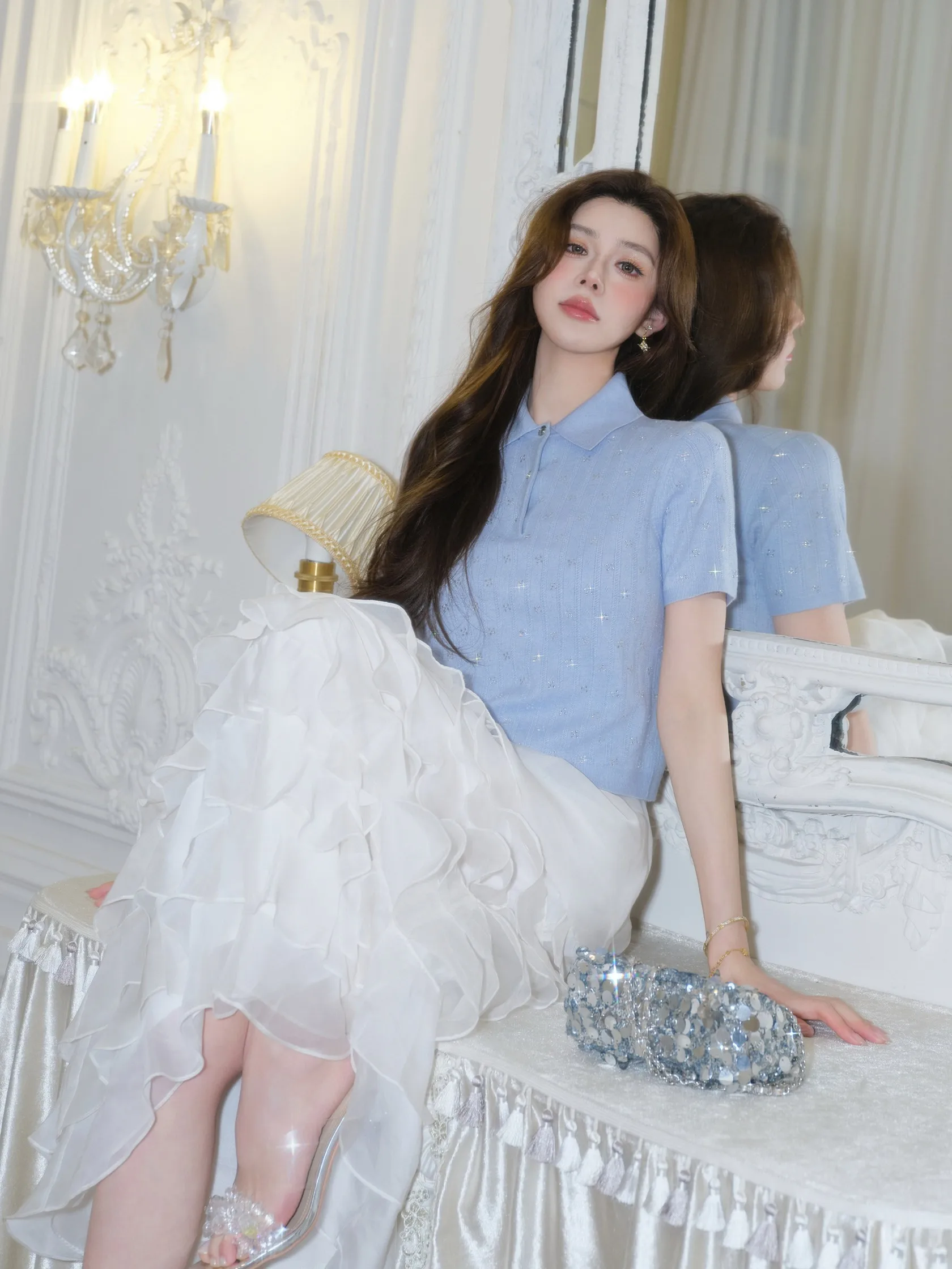 Blue  Collar Short Sleeve Knitted Casual Top for Women Simple Elegant Daily Wear Miu Style Small  A-Line Shirt
