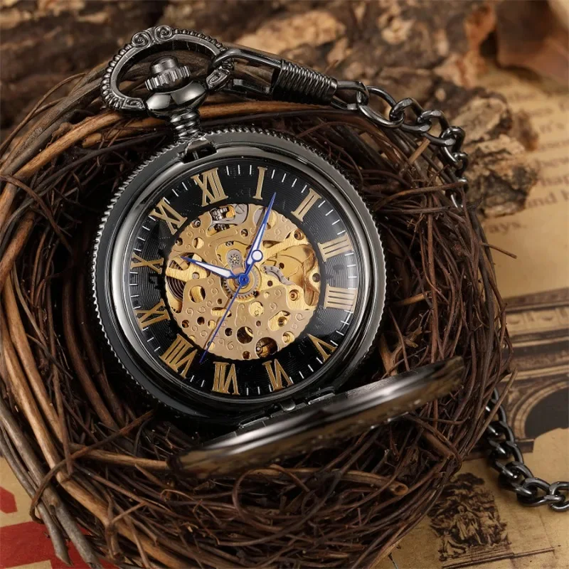 Vintage Black Mechanical Hollow Hunter Hand Wind Pocket Watch Luminous Pointer with Chain for Men