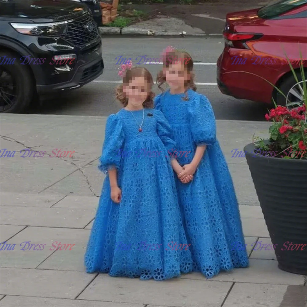 

Lovely Quality Blue Milk Lace Baptism Communion Gown Flower Girl Dress Fluffy For Kids Birthday Party Evening Gowns Customisable