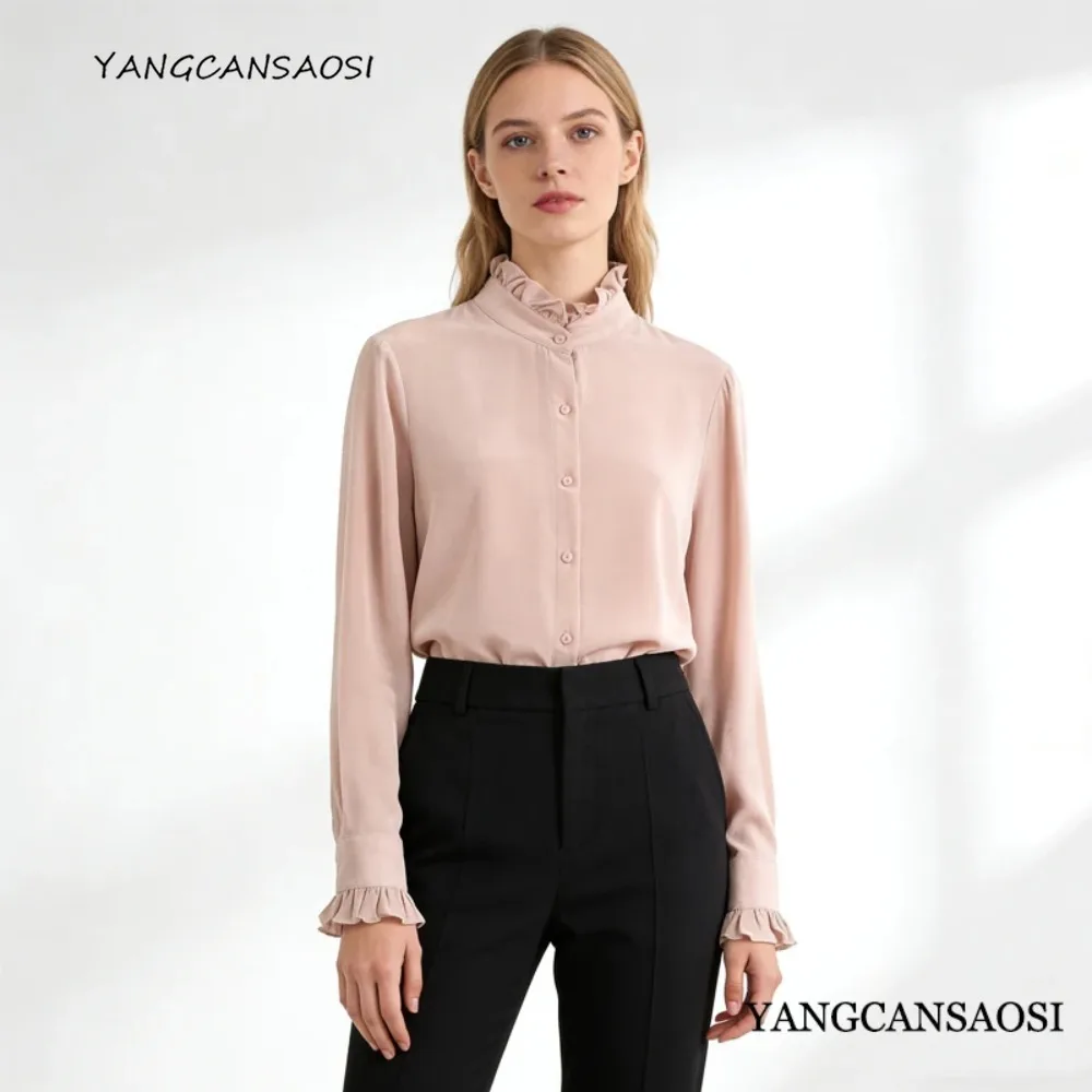 

Women's Fashion Spring/Autumn Clothing Palace Style 100% Natural Mulberry Silk 03 Crepe De Chine French Solid Long Sleeve Shirt