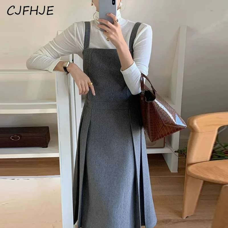 

CJFHJE Spring Back Lace Up High Dress Korean Fashion Versatile Women's Waist Patchwork Pleated Woolen Back Strap Women Dresses