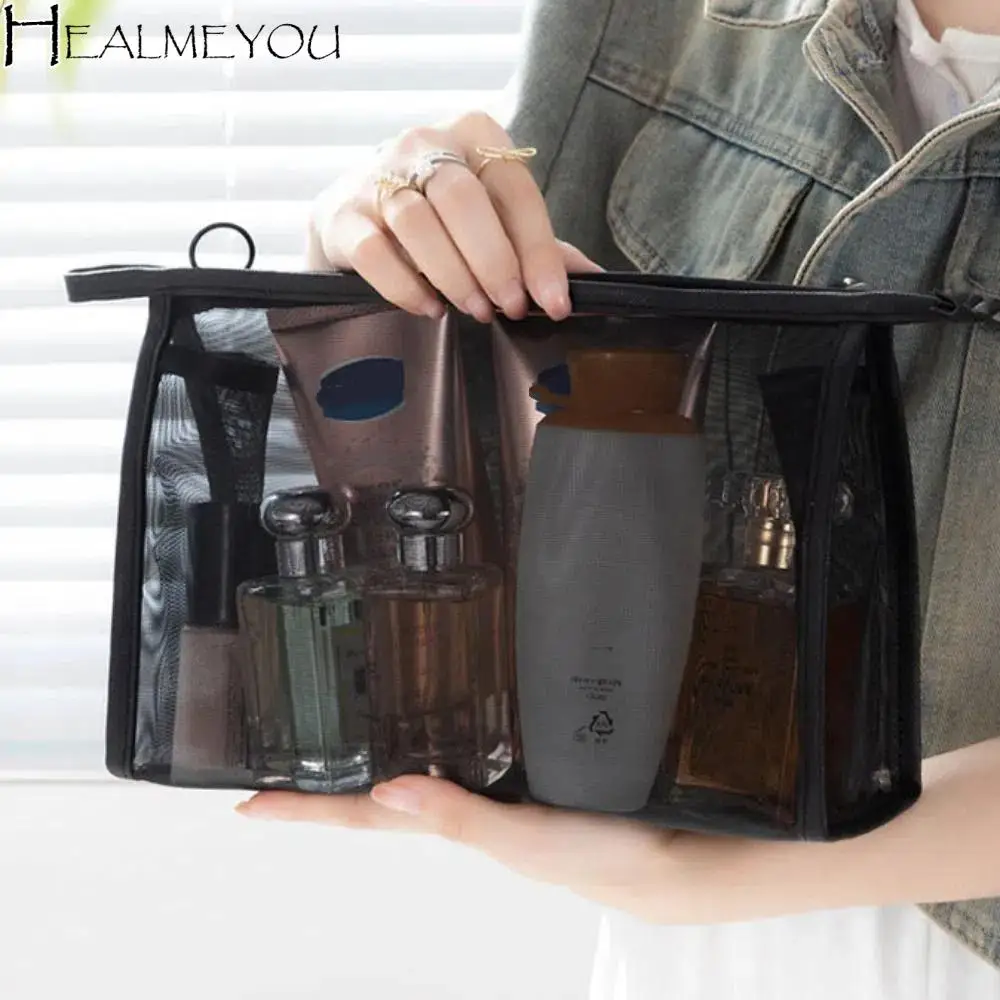 

Casual Mesh Makeup Bag Large Capacity Pencil Cases Transparent Cosmetic Bag Organizer Case Zipper Storage Toiletry Bag Outdoor