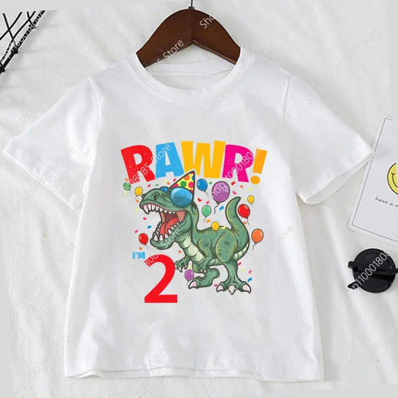 T-shirt do tema do dinossauro para crianças, cópia selvagem bonito, roupa do partido do aniversário, parte superior para meninos e meninas, 1 a 9