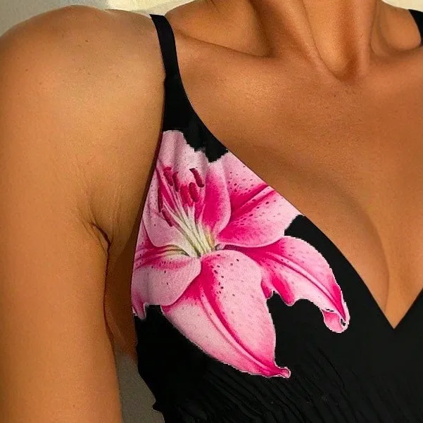 Women Tankini Bikini Floral Print Triangle Bikinis Black Base Deep V Swimsuit Side Cut Out Crisscross Two Piece Swimsuit - view 3