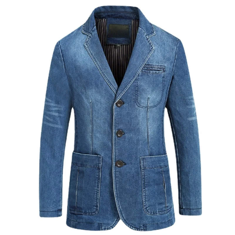 Blazers Jacket Men Casual Denim Slim Pocket Splicing Coat Men\'s Long Sleeve Single-Breasted Turn-down Collar Blazers Jacket