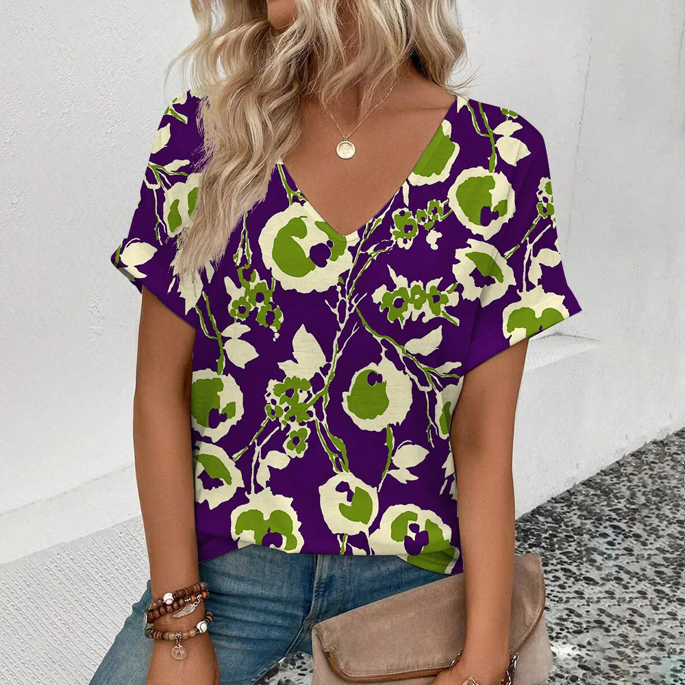 Elegant Women\'s V-neck T-Shirt Fashion Floral Pattern Print T-Shirt Popular Women\'s Short Sleeve T-Shirt Summer Leisure T-Shirt