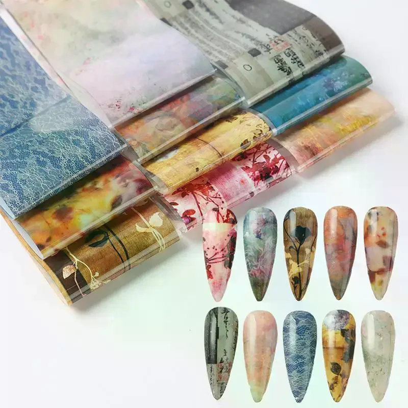 Feng Shui Ink Staining Nail Foils Transfer Paper Laser Nail Art Stickers Decal Pattern Printing Mold Manicure Tool 10 Sheets