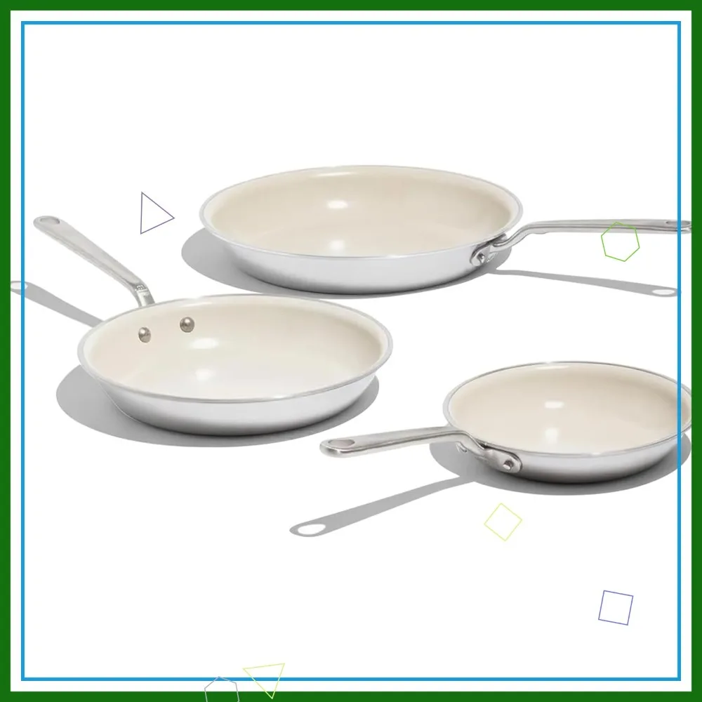 

3-Piece Ceramic Non-Stick Frying Pan Set (8",10",12") with Stainless Handle - 5-Ply Clad Professional Cookware