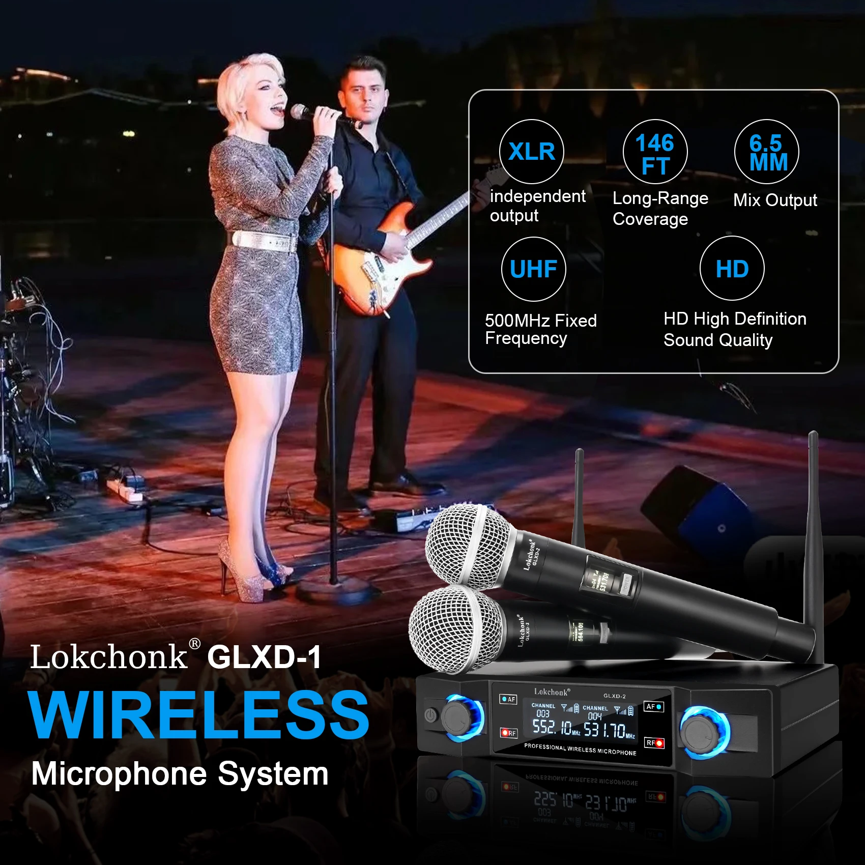 GLXD2 Professional Wireless Microphone system Dual Channel UHF Fixed Frequency Cordless Handheld Dynamic Mic For Karaoke  Church