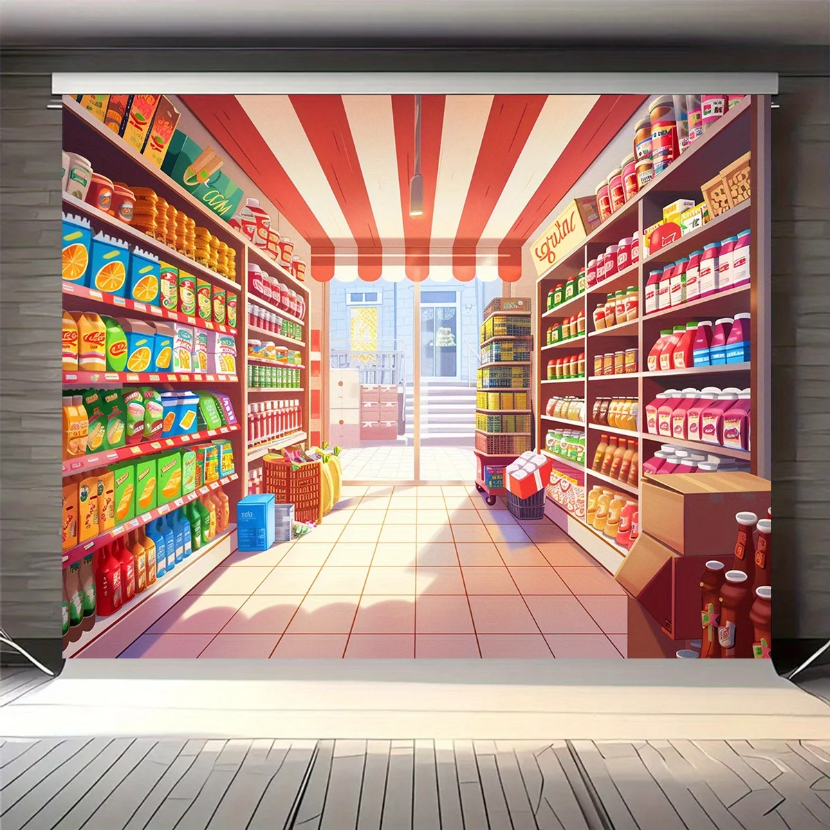خلفية لافتة سوبر ماركت كرتونية حية - مشهد متجر بقالة ملون، دعامة استوديو للتصوير الفوتوغرافي