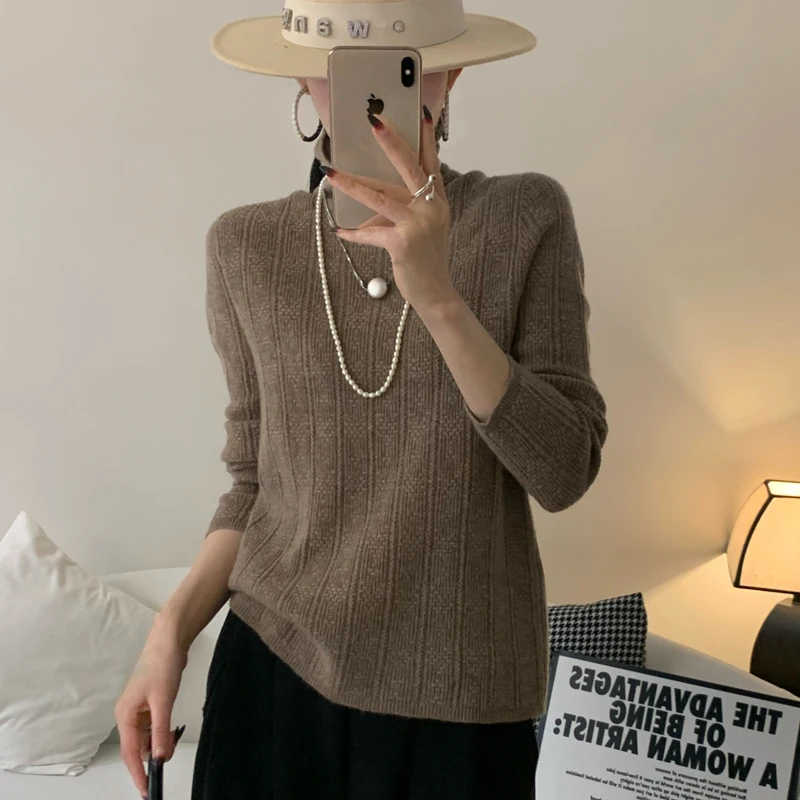 

100% Wool Women's High - neck Solid - color Lightweight Pullover with Garter Stitch, Full of Texture, Warm and Stylish