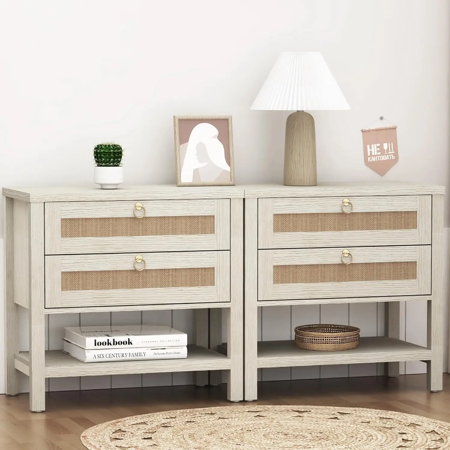 Large Rattan Nightstand Set of 2 with Drawers & Storage Shelf, White Bedside End Side Table for Living Room Bedroom, Customized
