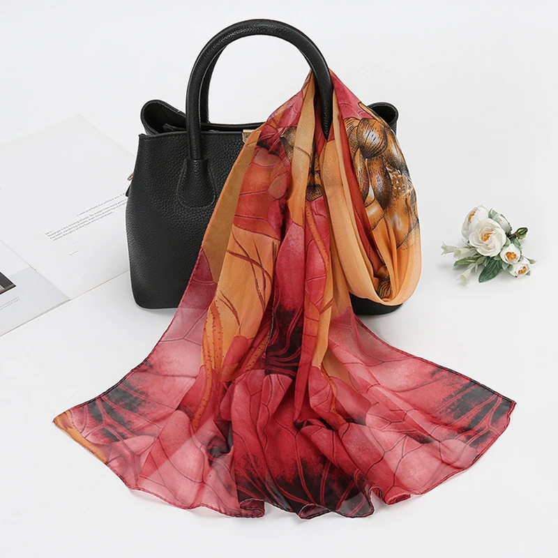 Lotus Blossom Pattern Simulation Silk Scarf Women's Chiffon Scarf Long Gauze Lightweight Neck Scarf Fashionable Shawl Hijab