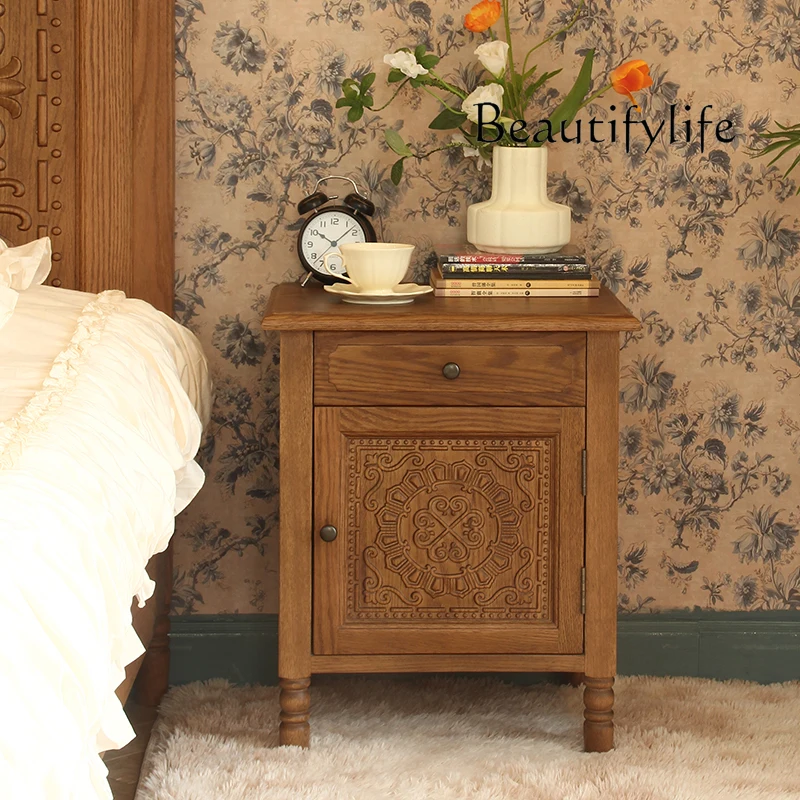 

American Country Solid Wood Bedside Table Vintage Pastoral Oak Bedroom Carved Pattern Furniture Locker