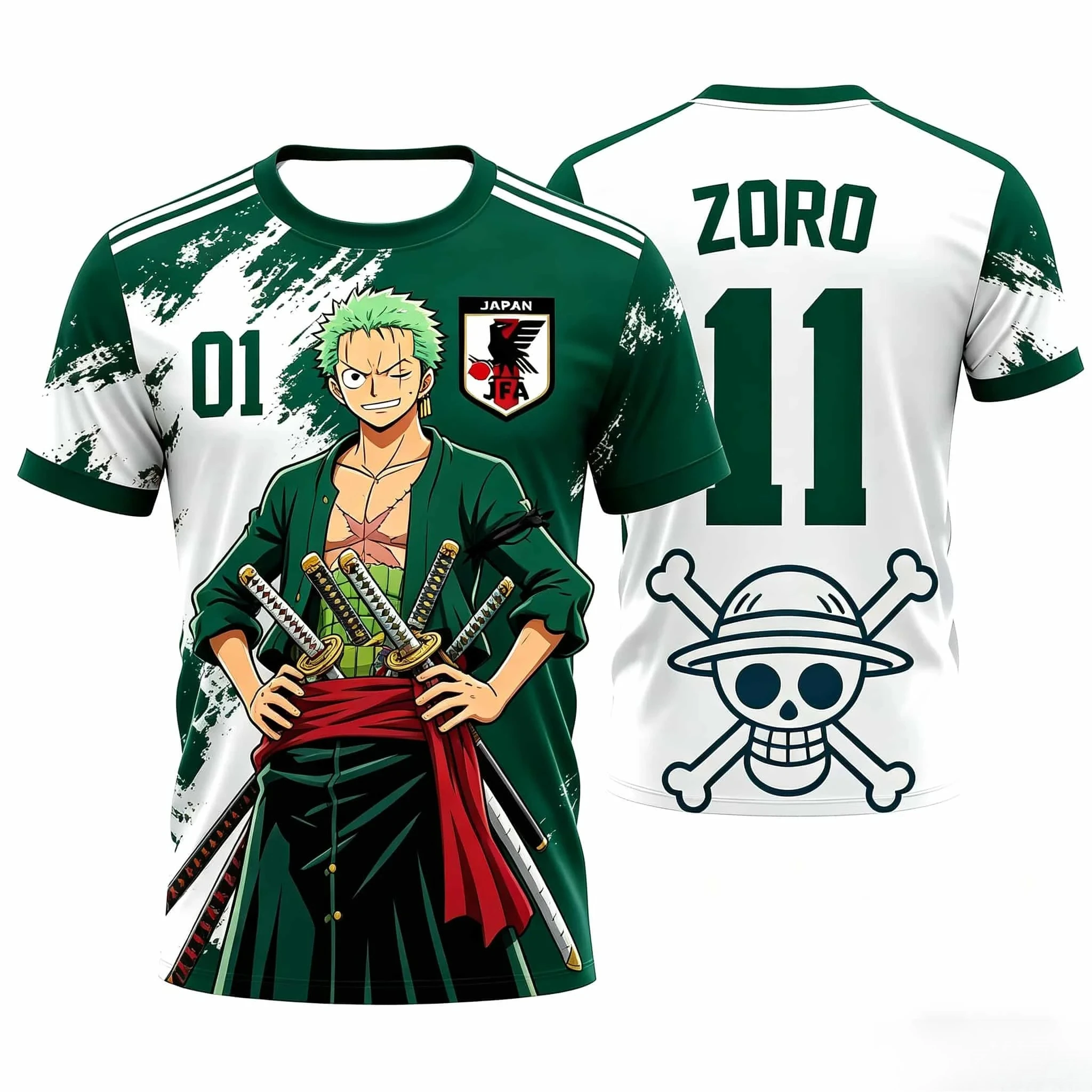 One Piece Roronoa Zoro #11 Japan National Team Soccer Jersey,Green White Anime Football Tee,Quick Dry Top For Men Women Children