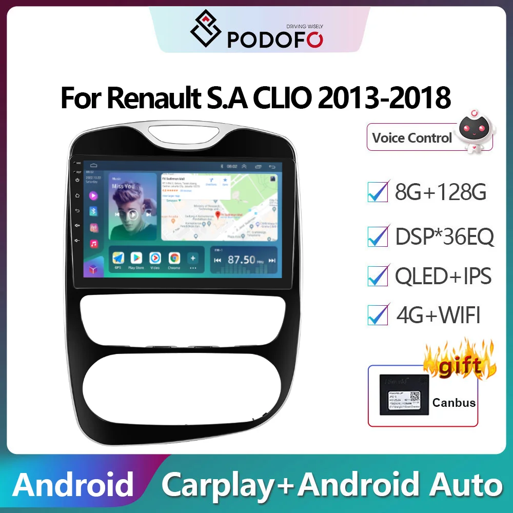 Podofo 2 Din Android Car Radio Multimidia Video Player For Renault S.A CLIO 2013-2018 GPS Navigation 2din Carplay Auto Stereo