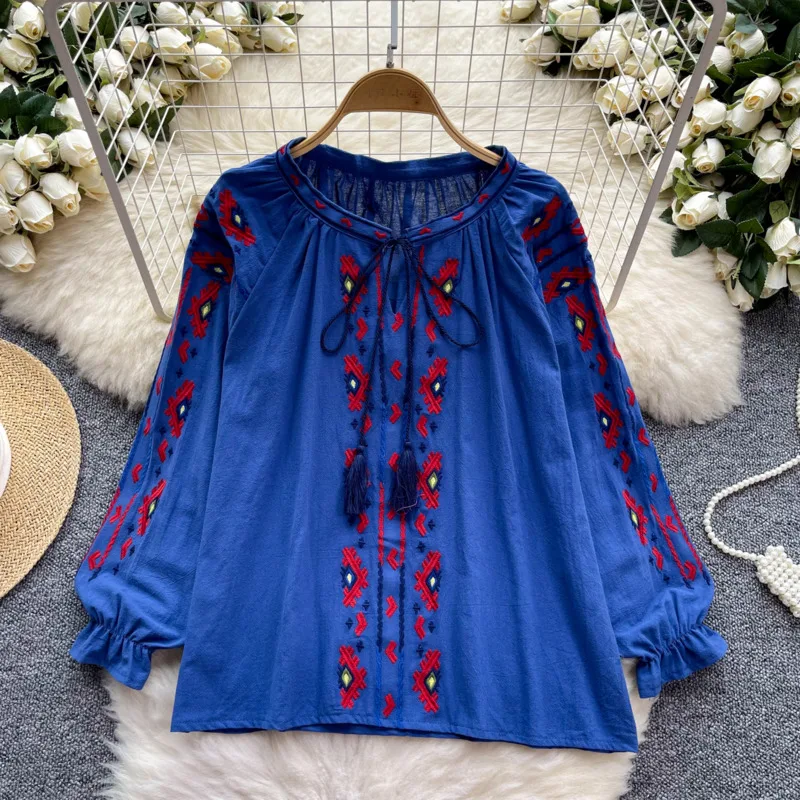 EWQ Fashion Embroidery Flower Lace-up Blouse For Women Round Collar Long Sleeve Casual Gathered Color Clothing 2024 New 27C767